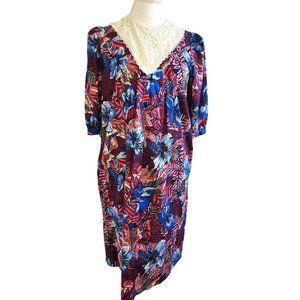 Vintage 80s Sz M Tropical Mumu Dress Knee‎ Length Blue Burgandy Hibiscus Pockets